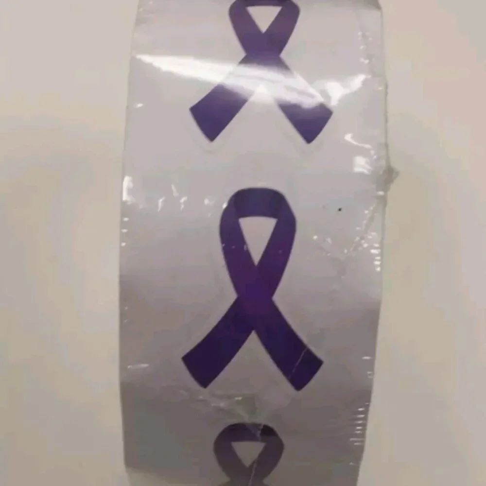Cancer Awareness Purple Ribbon Roll Stickers 500 stickers 1 1/2